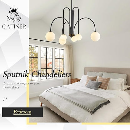 CATINER Modern Black Chandelier 6 Lights Sputnik Chandelier for Dining Room Large L40” Mid Century Ceiling Pendant Light Fixtures with Withe Glass Globe Shades for Foyer Bedroom