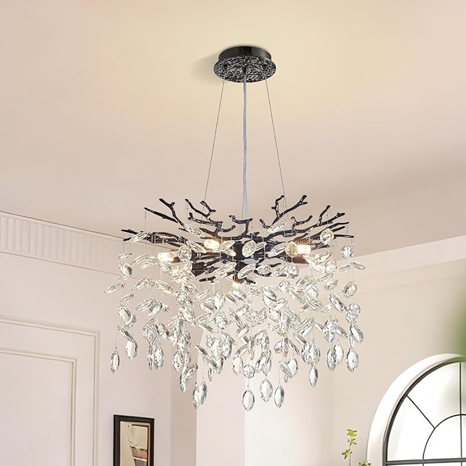 Modern Tree Branch Crystal Chandelier 18" Black Luxury Large Pendant Lighting 6-Light Contemporary K9 Crystal Chandeliers for Dining Room Kitchen Living Room Foyer Entryway (Black, D18-Round)