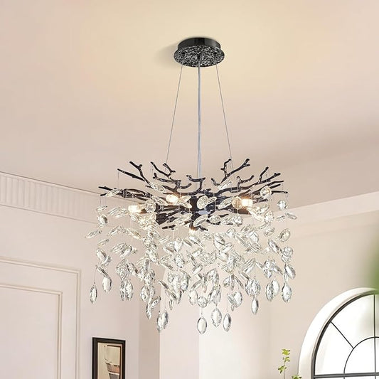 Modern Tree Branch Crystal Chandelier 18" Black Luxury Large Pendant Lighting 6-Light Contemporary K9 Crystal Chandeliers for Dining Room Kitchen Living Room Foyer Entryway (Black, D18-Round)