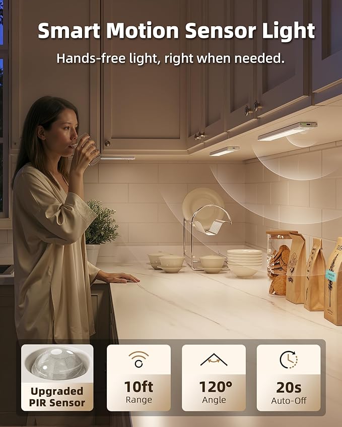 EZVALO Under Cabinet Lighting Wireless, 3Pack 12'' Rechargeable Closet Lights, LED Motion Sensor Indoor, Dimmable & 3 Color Temps Battery Operated with Power Display, for Kitchen, Stairs, Bookshelf