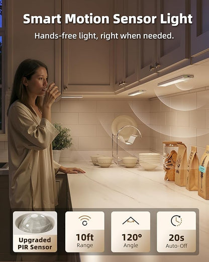 EZVALO Under Cabinet Lighting Wireless, 3Pack 12'' Rechargeable Closet Lights, LED Motion Sensor Indoor, Dimmable & 3 Color Temps Battery Operated with Power Display, for Kitchen, Stairs, Bookshelf