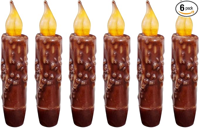 CVHOMEDECO. Real Wax Hand Dipped Battery Operated LED Timer Taper Candles Rustic Primitive Flameless Lights Décor, 4-3/4 Inch, Coffee, 6 PCS in a Package