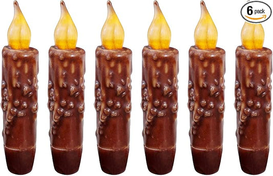 CVHOMEDECO. Real Wax Hand Dipped Battery Operated LED Timer Taper Candles Rustic Primitive Flameless Lights Décor, 4-3/4 Inch, Coffee, 6 PCS in a Package