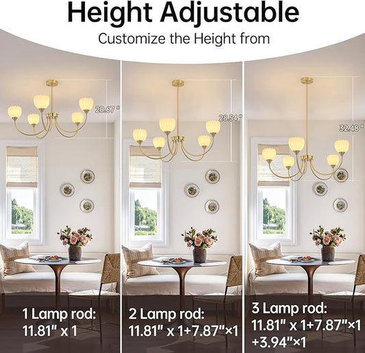 Shenmoyl 30.31" Brass Gold Chandelier, 5-Light Chandelier Light with White Tulip Glass Lampshade, Height Adjustable Vintage Chandeliers for Dining Room Living Room Kitchen Island