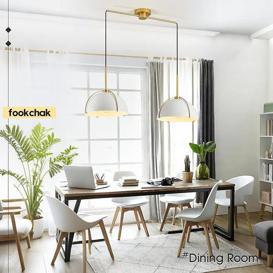 Contemporary White Gold Pendant Light Over Table 2-Light Nordic White Ceiling Pendant Light Fixture 36" Metal Dome Kitchen Island Light with Adjustable Cord for Dining Room