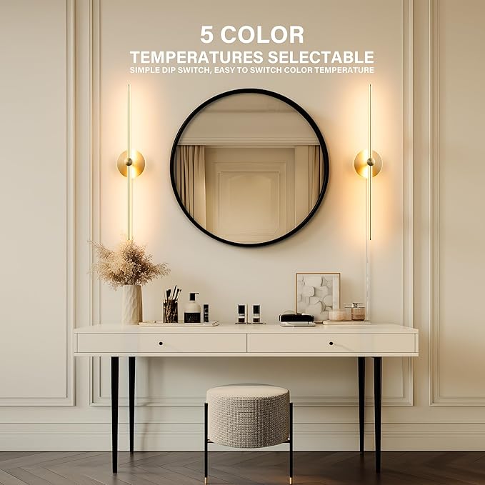 ZAGO Plug in or Hardwired Linear Wall Sconce: 24 Inch LED Indoor Modern Linear Wall Lights Set of Two with On/Off Switch, 5CCT Switchable, Brushed Gold, Dimmable for Living Room, Bedroom, Hallway