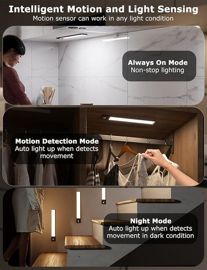 12" Ultra-Thin Under Cabinet Lighting Wireless, Aluminum Alloy Under Counter Lights for Kitchen, 3-Color-Temps Magnetic Closet Lights, Rechargeable Motion Sensor Light Indoor (2 Pack, Black)