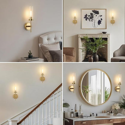 WILON Wall Sconces 2 pcs, Vanity Lights for Bathroom Sconces Wall Lighting with Clear Glass Shades, Vintage Antique Brass Wall Lamp for Mirror Bedroom Living Room Bedside Hallway, Brass Gold
