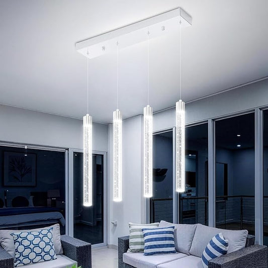 Modern Crystal Column Chandeliers for Dining Room Dimmable 4-Lights Silver LED Hanging Pendant Light Kitchen Island,Bedroom,Over Table,Living Room, Adjustable Height
