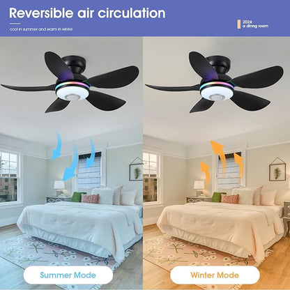 Kviflon 36" Ceiling Fans with RGB Lights Remote/APP Control, Small Ceiling Fan, 3 CCT Dimmable White Lights+RGB Ring Lights+Music Player, 5 Reversible Plastic Blades 6 Speeds for Kidsroom, Black