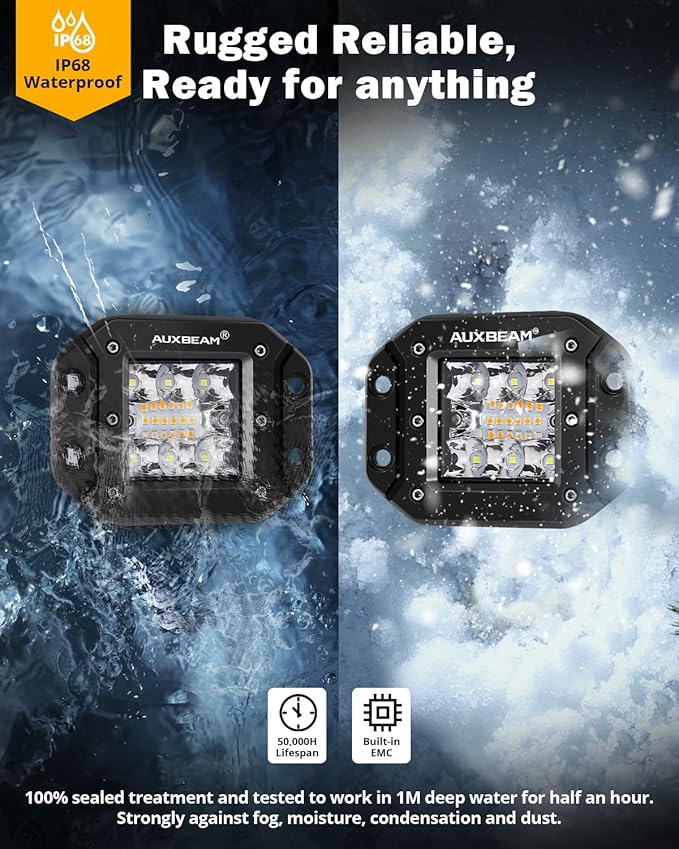 Auxbeam 6 Modes Amber White Series Flush Mount Strobe Lights 5 Inch 72W LED Pods Spot Flood Combo Flashing/Warning Multi-Function Offroad Lighting Bumper Grille Mount, Pair