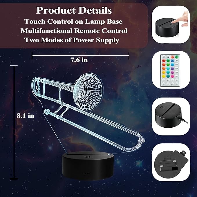 Trombone Night Light, Trombone Gifts, 3D Illusion Lamp with Remote Control, 16 RGB Colors, 4 Flashing Modes, Timer, Dimmable, Trombone Accessories for Decor for Holiday Birthday Christmas