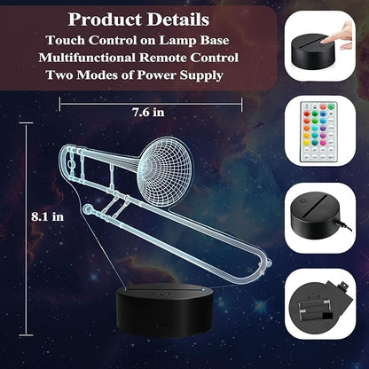 Trombone Night Light, Trombone Gifts, 3D Illusion Lamp with Remote Control, 16 RGB Colors, 4 Flashing Modes, Timer, Dimmable, Trombone Accessories for Decor for Holiday Birthday Christmas