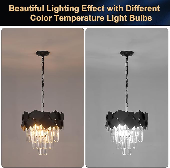 Modern Crystal Chandeliers 16” Black Chandeliers Ceiling Pendant Light Fixture for Kitchen Island Entry Light Dimmable Small Flush Mount Chandeliers Round for Foyer Entryway Dining Room Hallway
