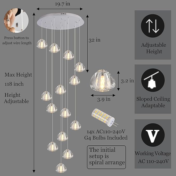 Modern Crystal Chandelier 14-Lights High Ceiling Raindrop Chandelier Lighting Fixture, Large LED Round Indoor Lighting Fixture Chrome for Foyer Staircase Living Room