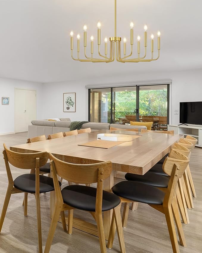 Yunnix 12-Light Gold Chandelier, 35" Extra Large Modern Gold Chandelier Brushed Gold Chandelier Light Fixture - Gold Farmhouse Chandelier for Dining Room, Living Room, Kitchen Island, Hall, Foyer