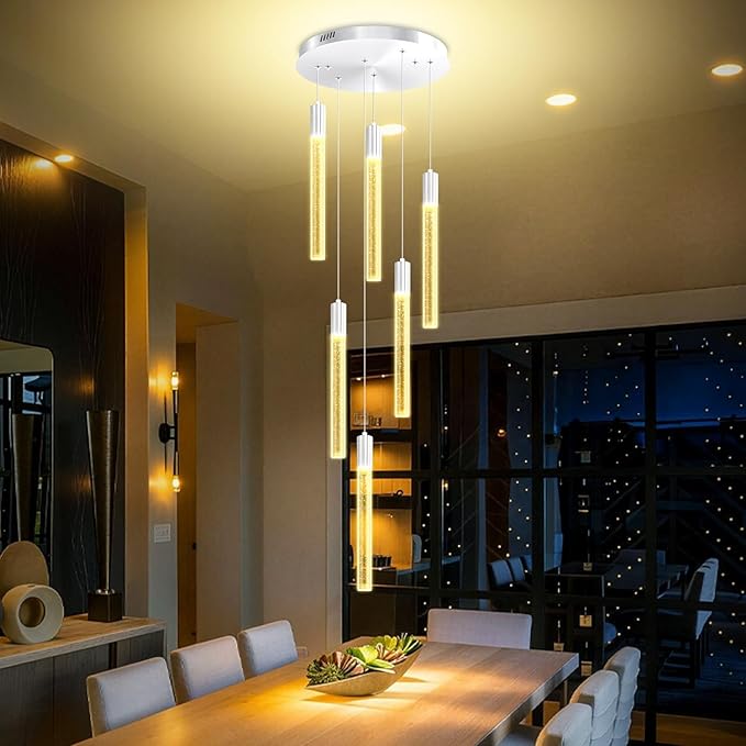 Luxury 6-Light Silver Bubble Crystal Column Chandelier, Dimmable LED Adjustable Height Pendant Light for Kitchen Island, Living Room, Foyer, Staircase