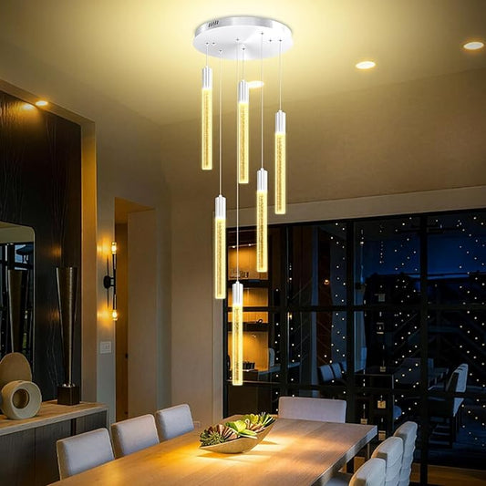 Luxury 6-Light Silver Bubble Crystal Column Chandelier, Dimmable LED Adjustable Height Pendant Light for Kitchen Island, Living Room, Foyer, Staircase