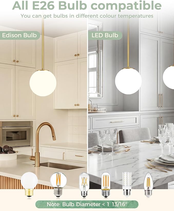 Majade 7.4" Globe Pendant Light Gold Mid Century Modern Pendant Lights Fixture Kitchen Island Lighting with Milk Glass Shade Brushed Brass Finished Adjustable Hanging Light for Dining Room