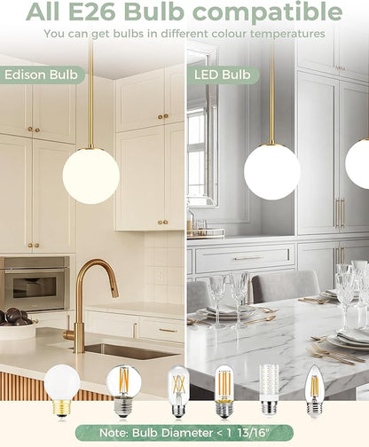 Majade 7.4" Globe Pendant Light Gold Mid Century Modern Pendant Lights Fixture Kitchen Island Lighting with Milk Glass Shade Brushed Brass Finished Adjustable Hanging Light for Dining Room