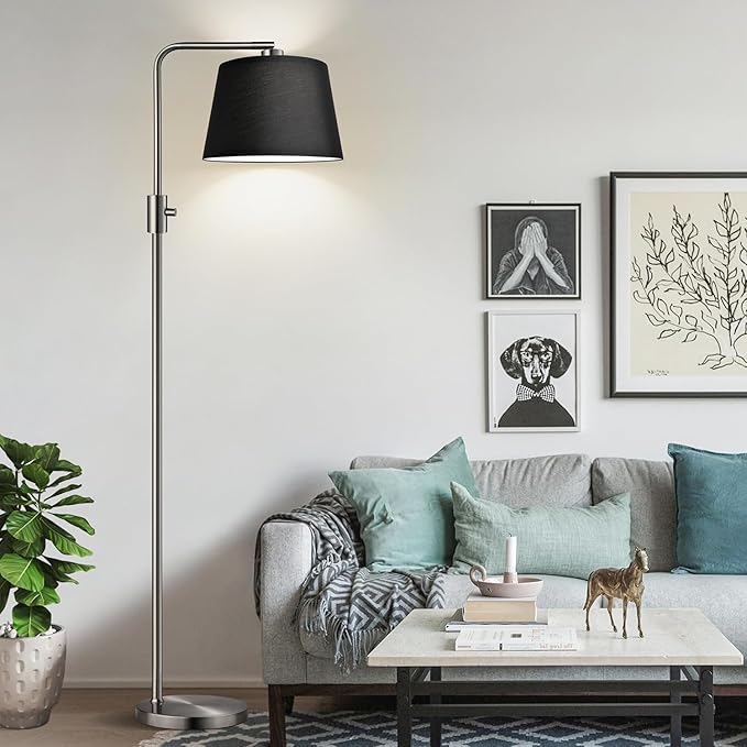 Nintiue 【Upgraded】 Dimmable Floor Lamp, 1000 Lumens LED Edison Bulb Included, Brushed Nickel Arc Floor Lamps Modern Standing Lamp with Black Shade, Tall Lamps for Living Room Bedroom