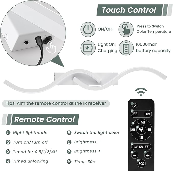 Modern Battery Operated Wall Sconces, Rechargeable Wall Sconces, 3000K-6500K LED Wireless Wall Light, Modern Wall Lamp not Hardwired for Living Room Bedroom Hallway (White)