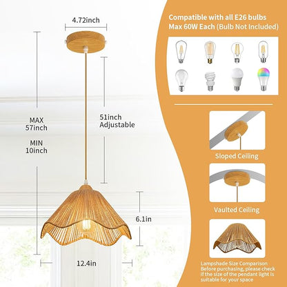 12.4" Wave Rattan Chandelier Pendant Lights Kitchen Island,Farmhouse Boho Chandeliers Adjustable Height Hanging lamp for Dining Room,Kitchen Ceiling Light Fixtures Hand Woven Wicker Lampshade