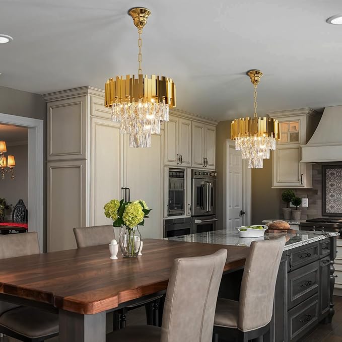 Modern Crystal Chandelier 16" Round K9 Crystal Ceiling Light Adjustable Gold 3-Tier Chandelier with 5 Lights Elegant Fixture for Dining Room Living Room Foyer