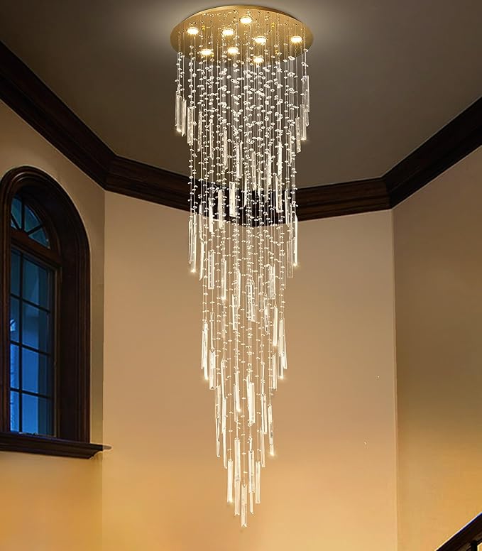 78'' Modern Crystal Chandelier High Ceiling Chandeliers for Entryway Large Raindrop Chandeliers LED Dimmable Flush Mount Light Fixtures for Staircaes Foyer Hallway Living Room LED Bulbs Included Gold