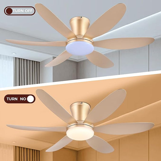 GJeg Ceiling Fans with Lights,42" Low Profile Ceiling Fan with Light and Remote Control,Flush Mount, Reversible, Dimmable, Noiseless,Gold Ceiling Fan for Bedroom