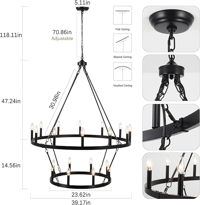 Black Wagon Wheel Chandelier 2 Tier 20-Lights 40 Inch Extra Large Farmhouse Light Fixture Rustic Lighting Round Chandeliers for Dining Room Kitchen Island Foyer Entryway