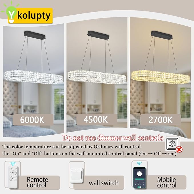 ykolupty Modern Crystal Chandelier, Dia 40" Rectangular Chandelier for Dining Room,Black Rectangle Crystal Ceiling Light Luxury Oval Chandeliers for Living Room Kitchen Island