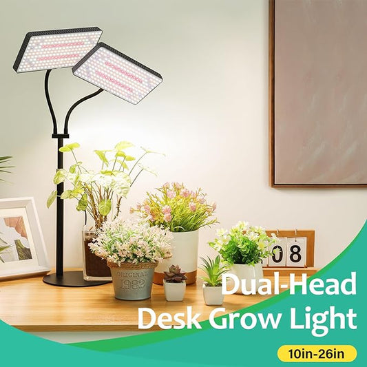 LBW Upgraded Desk Grow Lights for Indoor Plants, Dual-Head 428 LED Tabletop Full Spectrum Grow Light, with 3/6/12H Timer, 6 Brightness Levels, 3 Lighting Modes, Height Adjustable for 10-26 inches