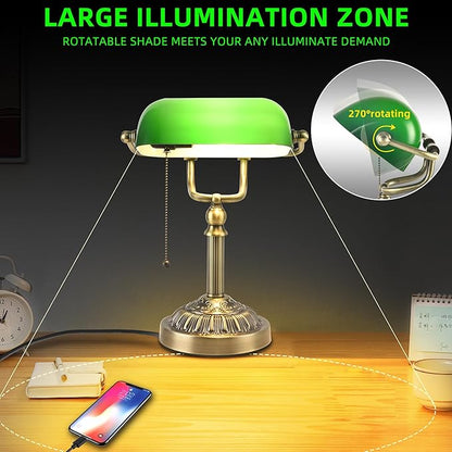 Bankers Desk Lamp with USB-A Charging Port, Vintage Green Glass Desk Lamp with Pull Chain, Antique Brass Banker's Desk Lamp for Home Office Library