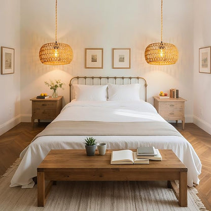 Hanging Light Ceiling Lamp Pendant Lights Rattan Hanging Lamp with Plug in Cord for Living Room Bedroom Kitchen Indoor Hanging Lamp Plug in Woven Lampshade