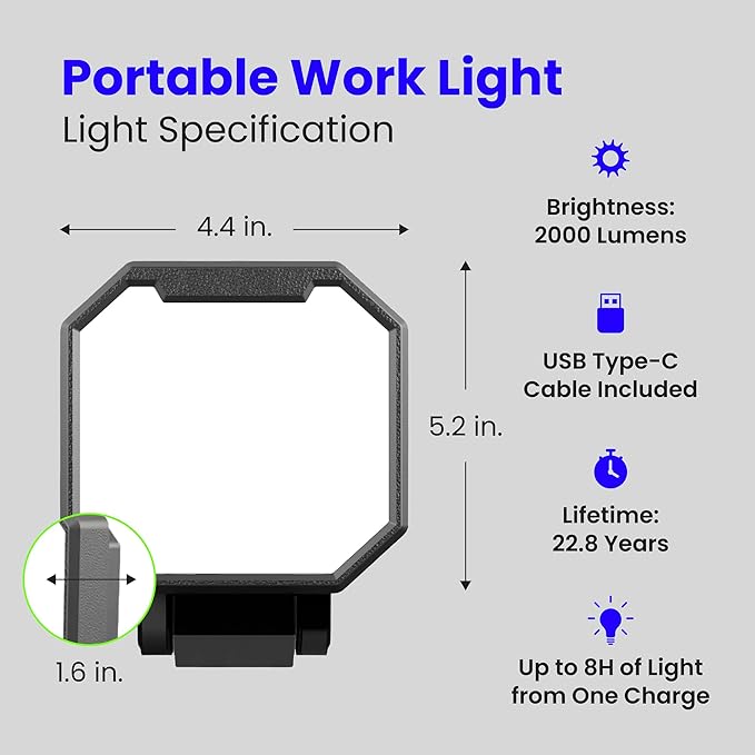 Feit Electric Portable LED Work Light, 360° Rotating Head, 3 Light Modes, 2000/1000/500 Lumens, Adjustable Working Light for Workshop Garage, 25,000-Hour Lifetime, WORK2000/FOLD/BAT