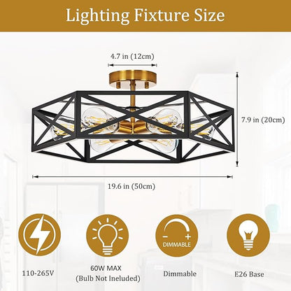 Modern Farmhouse Black and Gold Ceiling Light,Industrial Semi Flush Mount Ceiling Lighting Fixture,Hexagonal Lighting Fixtures for Kitchen,Bedroom,Living,Dining Room,Laundry Room,6-Light