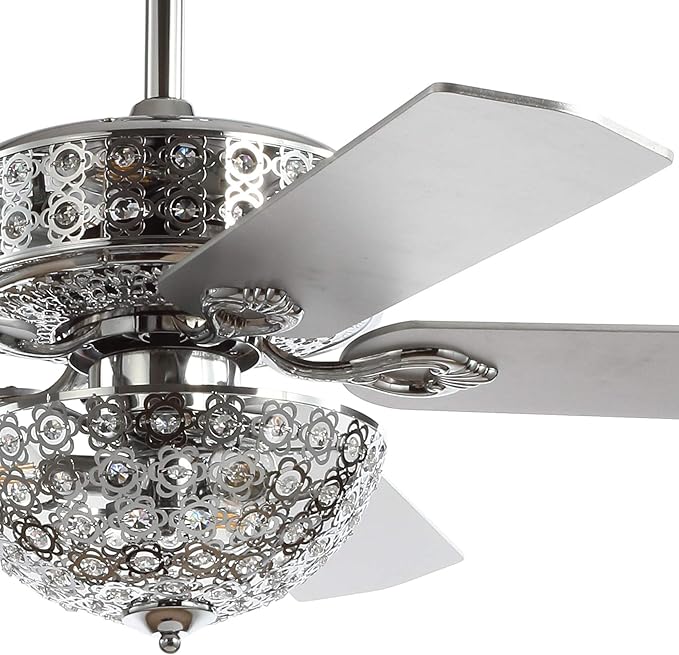 JONATHAN Y 52" Chrome 6-Light Iron and Wood Ceiling Fan, Modern Glam Filigree Dome, 5 Reversible Silver/White Blades, Remote Control, ETL Listed, LED Bulbs Included JYL9602A