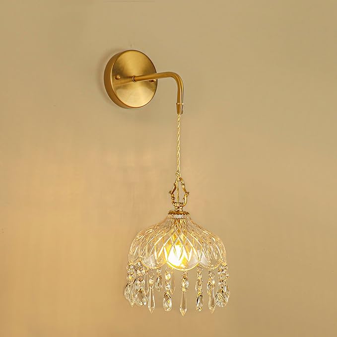 Vintage Crystal Wall Sconce, Brass Finish Pendant Light Fixture with Hanging Crystals, Elegant Diamond Cut Glass Shade (1, L)