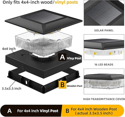 4x4 Solar Post Cap Lights 16 Pack, Fence Post Solar Lights with Warm White/Cool White, Only Fit 4x4 Wood/Vinyl Posts, Waterproof Outdoor Deck Post Light for Deck, Fence, Porch(Black)