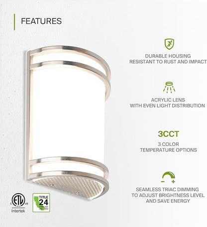 ASD LED Indoor Wall Mount Light Fixture - 8 Inch 15W Modern Interior Nickel Dimmable Wall Sconce Light - ETL 3000K 4000K 5000K Adjustable - Hallway, Bedroom LED Wall Lights, 4 Pack