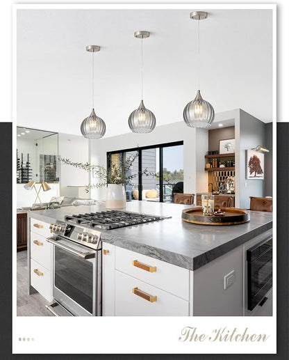 Brushed Nickel Pendant Lights Kitchen Island, Globe Pendant Light Fixtures with 8 Inch Clear Glass Shade, Modern Hanging Light Fixtures for Kitchen, Bedroom (1 Pack - Gray Glass Pendant Light)