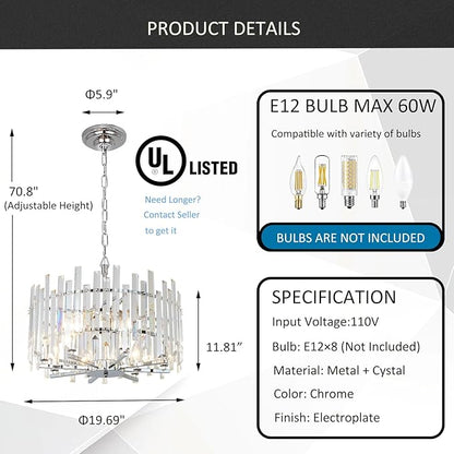 Chrome Crystal Chandeliers for Dining Room, 20" Modern Raindrop Round Pendant Ceiling Lights Fixture Living Room Entryway Bedroom 8 Light