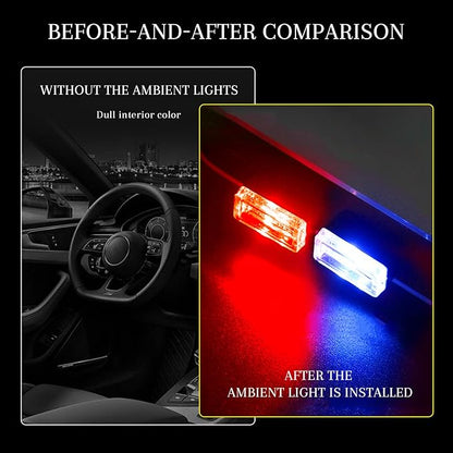 4 PCS USB LED Car Interior Atmosphere Lamp, Portable Mini Auto LED Decor Night Light, Plug-in USB Interface Ambient Lighting Kit, Universal Car Interior Accessories (Red+Blue)