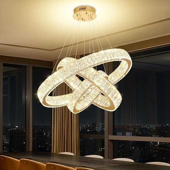 Modern Led Gold Ring Chandelier Luxury 3 Ring Crystal Chandelier Led Dimmable Light for Dining Room Height Adjustable Led Pendant Light 32''+24''+16''
