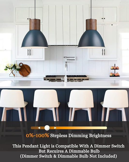 ELYONA Modern Pendant Light for Kitchen Island, Solid Wood Metal Hanging Lamp, Adjustable Height, 11.6" Industrial Pendant Light Fixtures for Farmhouse,Bar,Dining Room,Living Room,Bedroom - Dark Blue