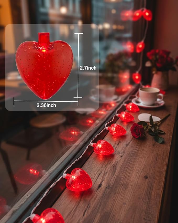 SUNSGNE Red Heart String Lights Valentines Lights, 8.5FT Plug in Fairy String Lights with 10 LED Red Heart Bulbs for Indoor Outdoor Home Room Party Wedding Valentine's Decor, White Wire