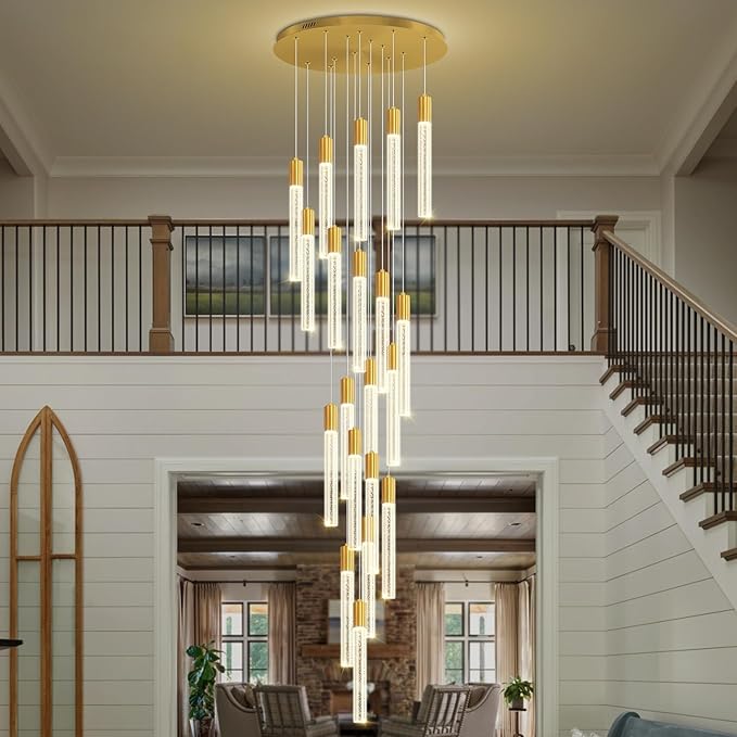 Modern Large Gold Crystal Chandelier Height Adjustable 20-Light High Ceiling Chandelier for Foyer Entryway Front Door Dimmable LED Ceiling Lighting Fixture