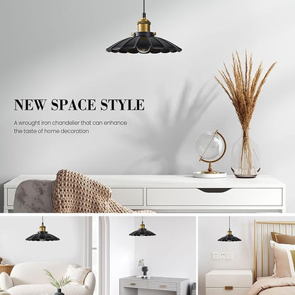 Black Pendant Light, 9.8 Inch Retro Hanging Lamp for Bedroom, Glossy Hanging Kitchen Lights Living Room 6.5Ft Height Adjustable Indoor Pleated Pendant Light