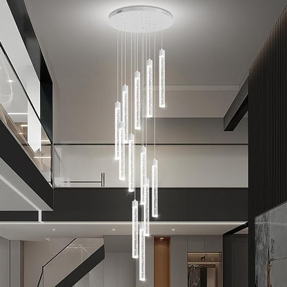 118'' Modern Glam Crystal Column Chandelier for High Ceiling LED Dimmable Pendant Light Staircase Foyer Enterway Living Room Ceiling Chandelier Lighting Silver 12 Lights